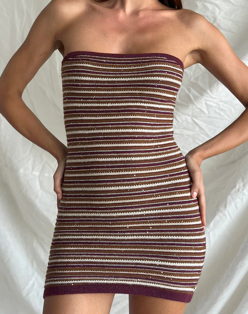 Rosbina Bandeau Mini Dress in Shimmer Stripe Knit Rust - Image 4