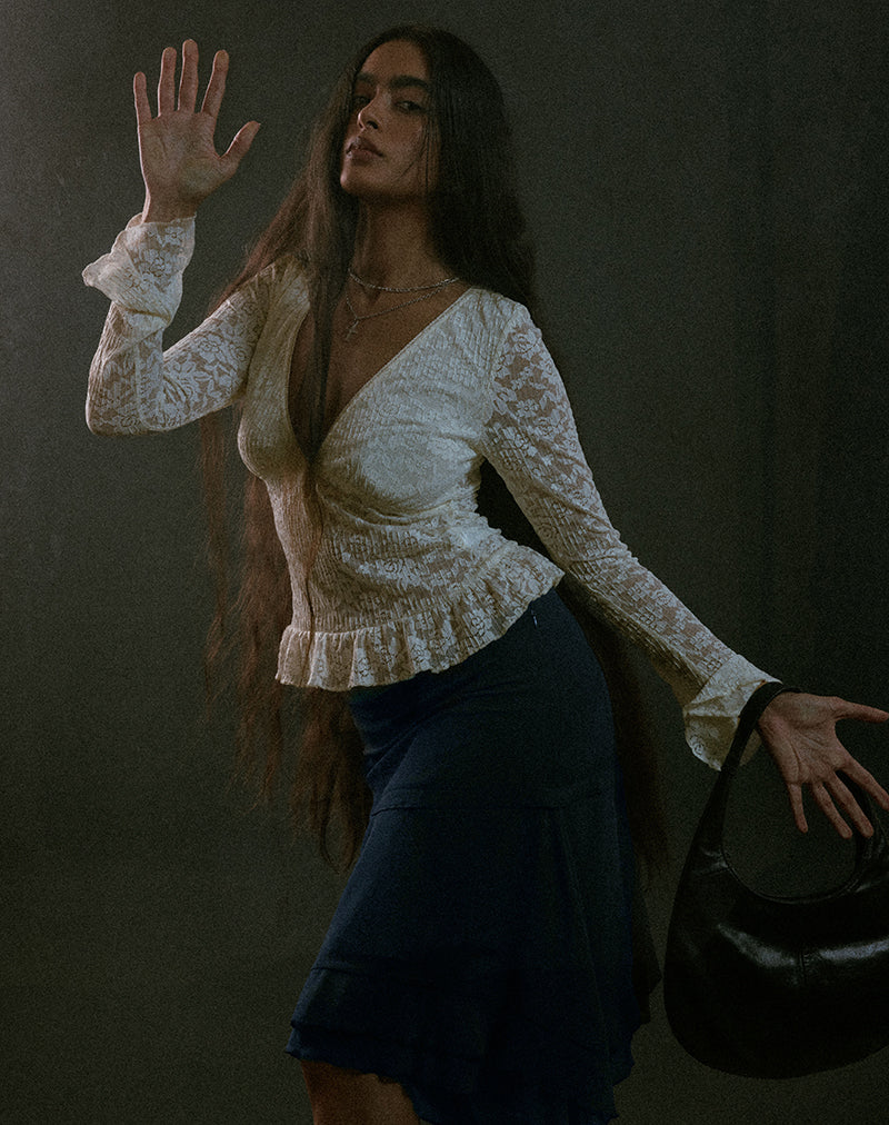 Roselle Keyhole Long Sleeve Top in Lace Ivory - Image 3