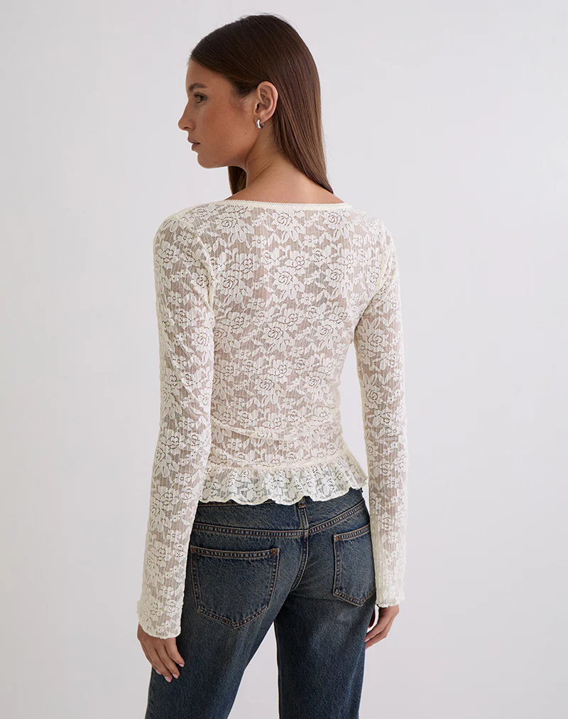 Roselle Keyhole Long Sleeve Top in Lace Ivory - Image 5