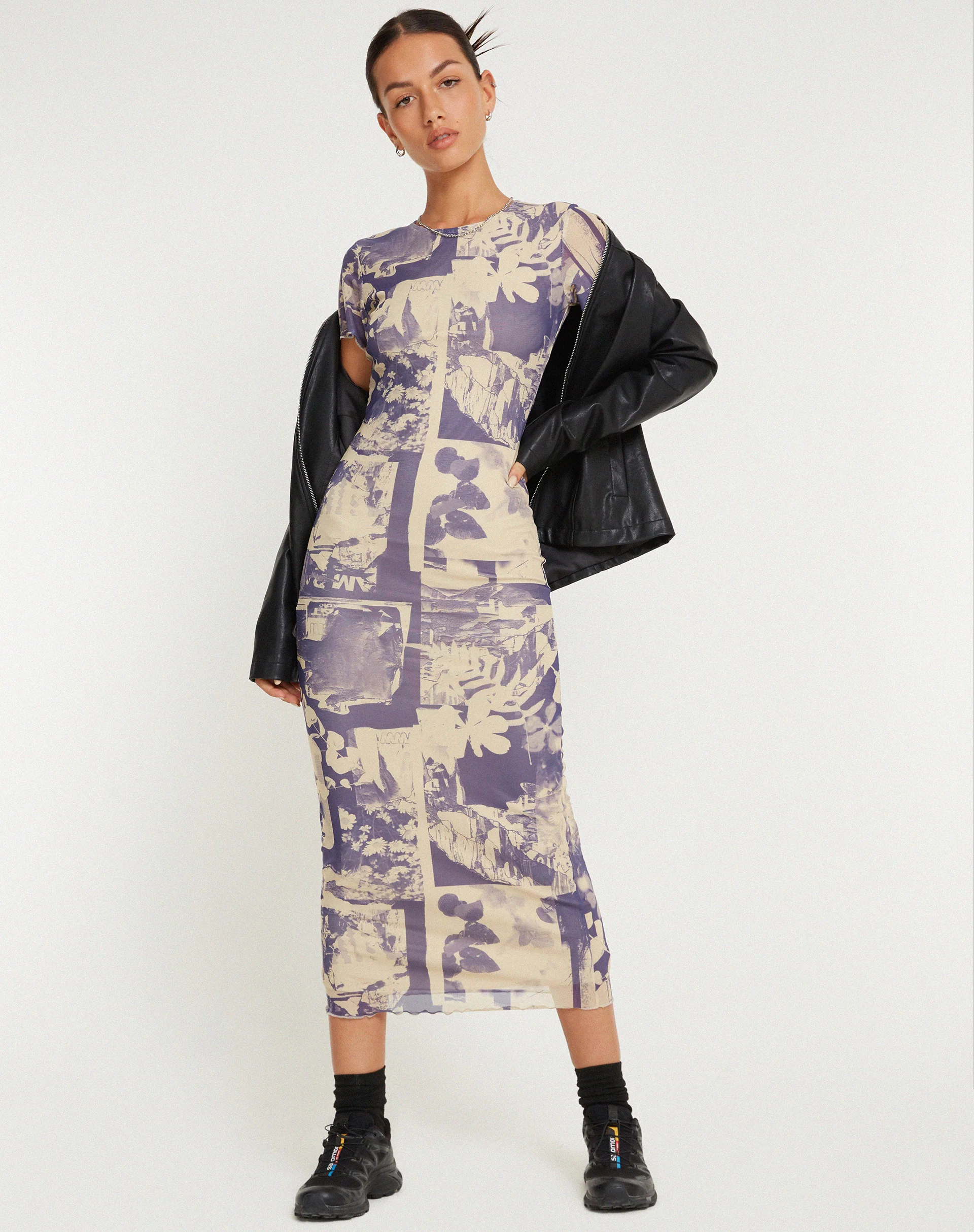 Roska Printed Mesh Midi Dress in Collage Floral Shadow Purple - Image 3