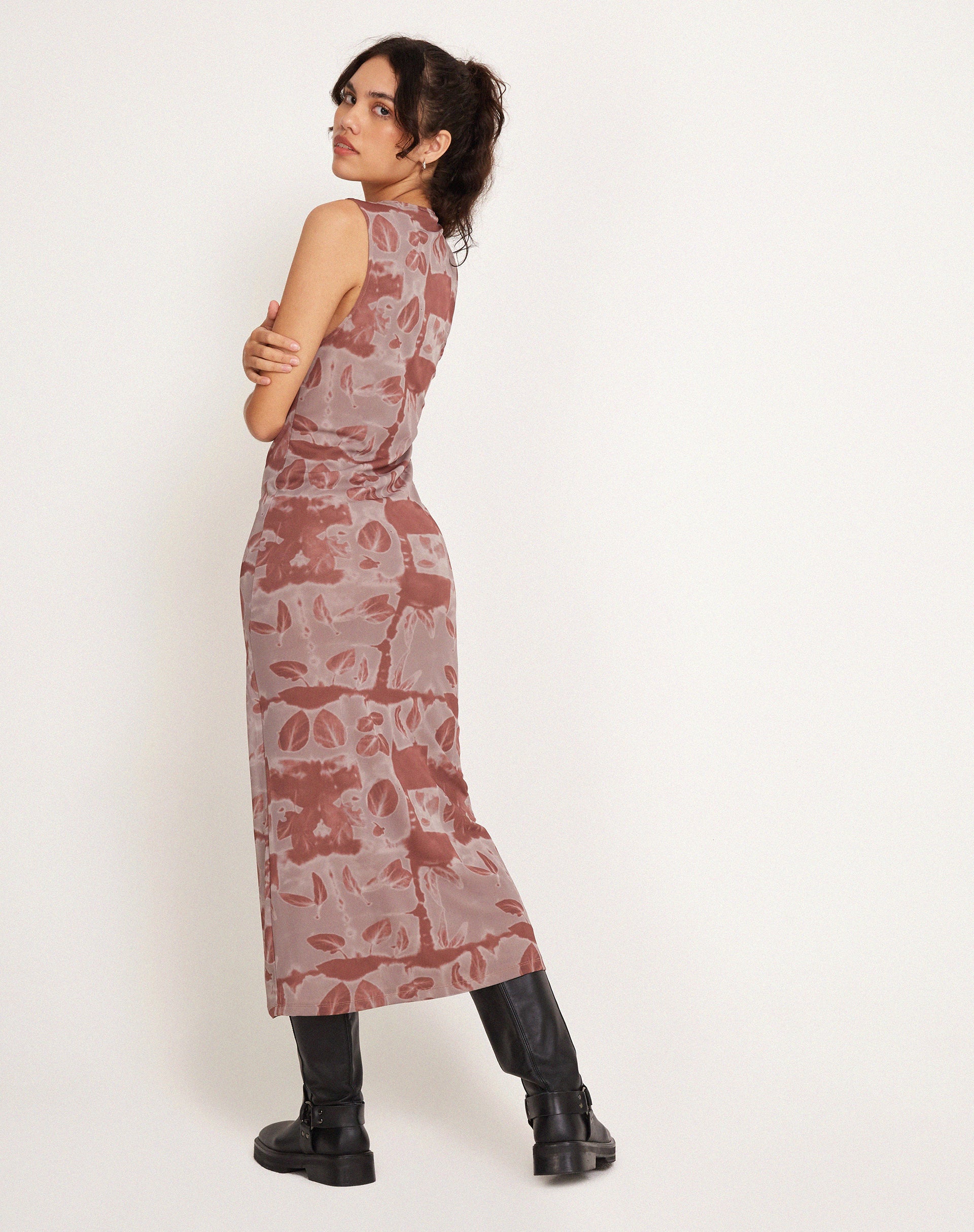 Roskila High Neck Mesh Maxi Dress in Botanical Bleed Warm Grey - Image 4