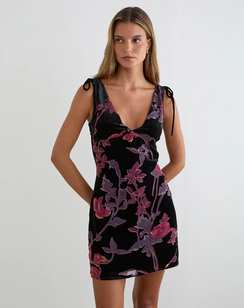 Rosmila Mini Dress in Black with Floral Devore Print - Image 3