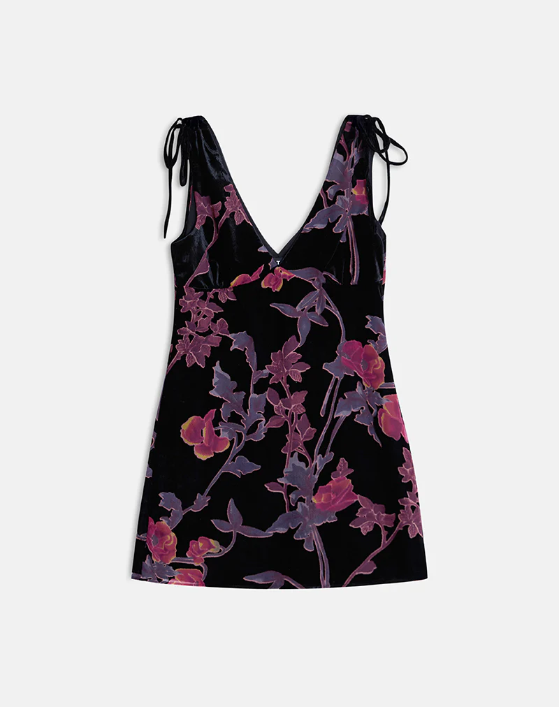 Rosmila Mini Dress in Black with Floral Devore Print - Image 5