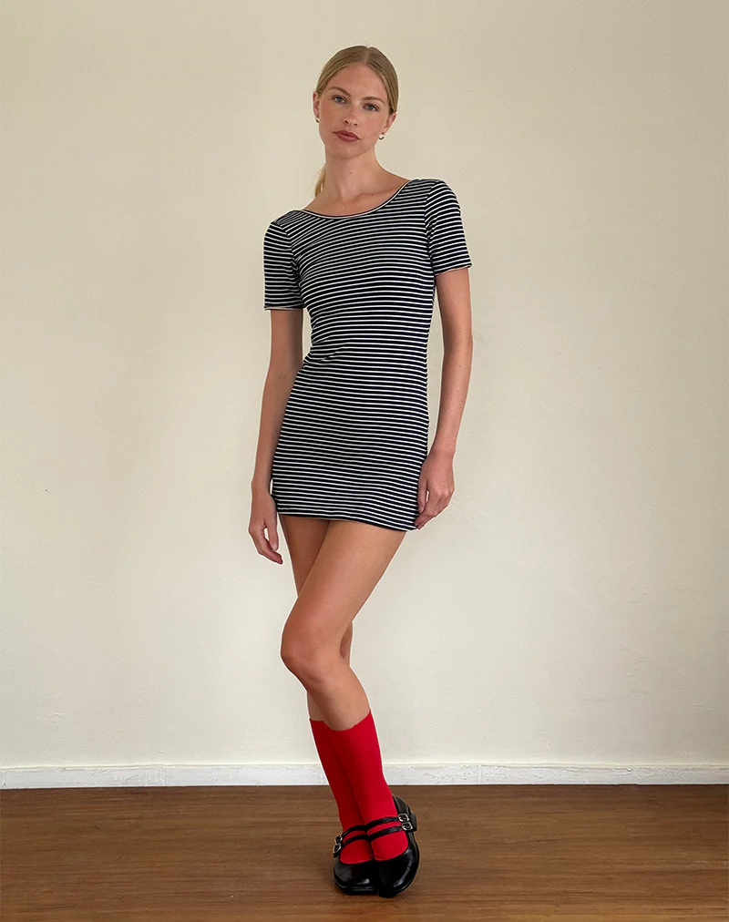 Roswitha Mini Dress in Navy with White Stripe - Image 4