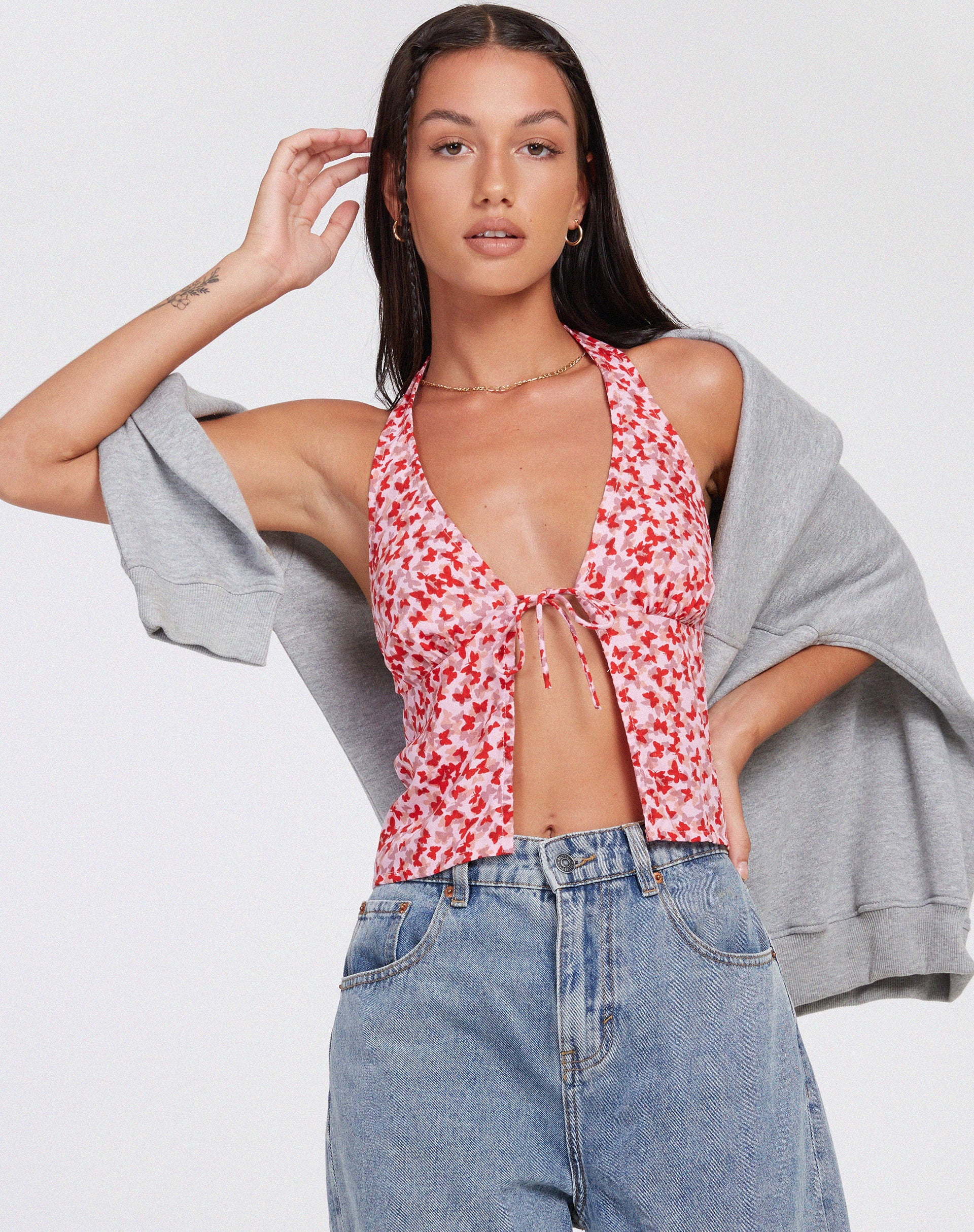 Roula Halter Top in Ditsy Butterfly Peach Red - Image 2