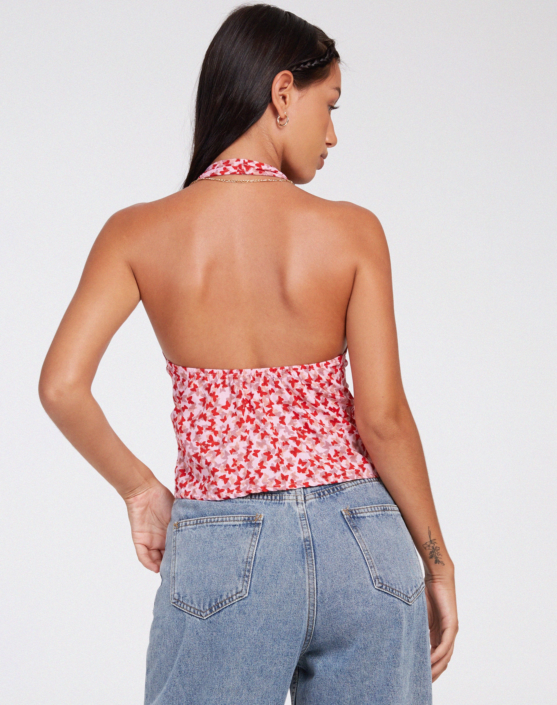 Roula Halter Top in Ditsy Butterfly Peach Red - Image 3
