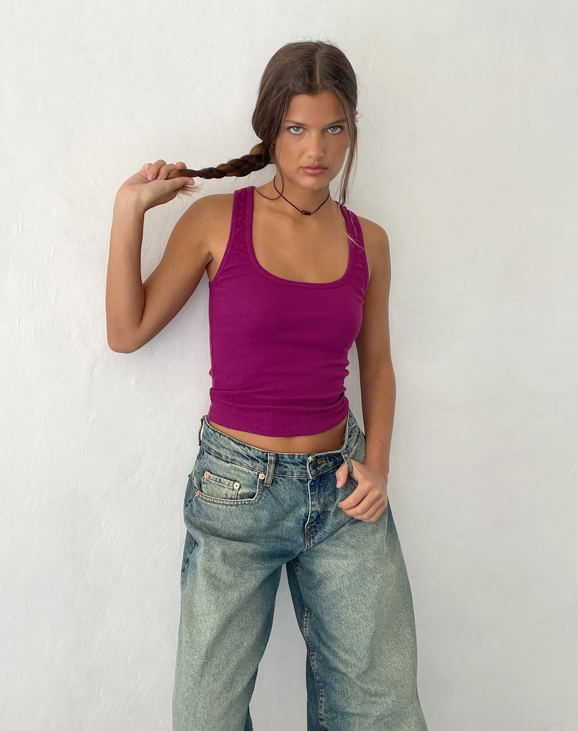 Roxe Ribbed Vest Top in Berry - Image 3