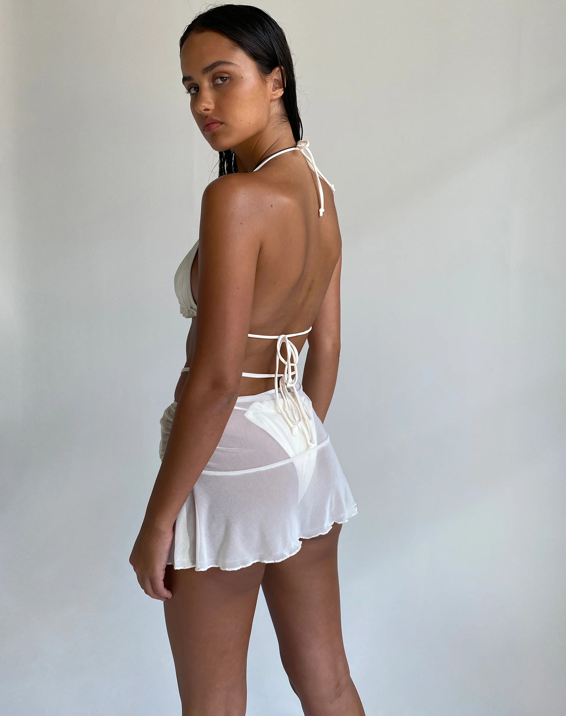 Rudra Frill Mini Swim Skirt in Mesh Cream - Image 6