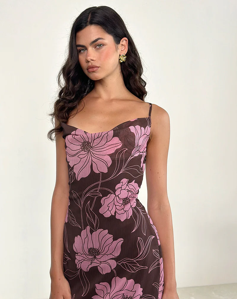 Rujira Cowl Midi Dress in Flare Floral Pink Brown - Image 4