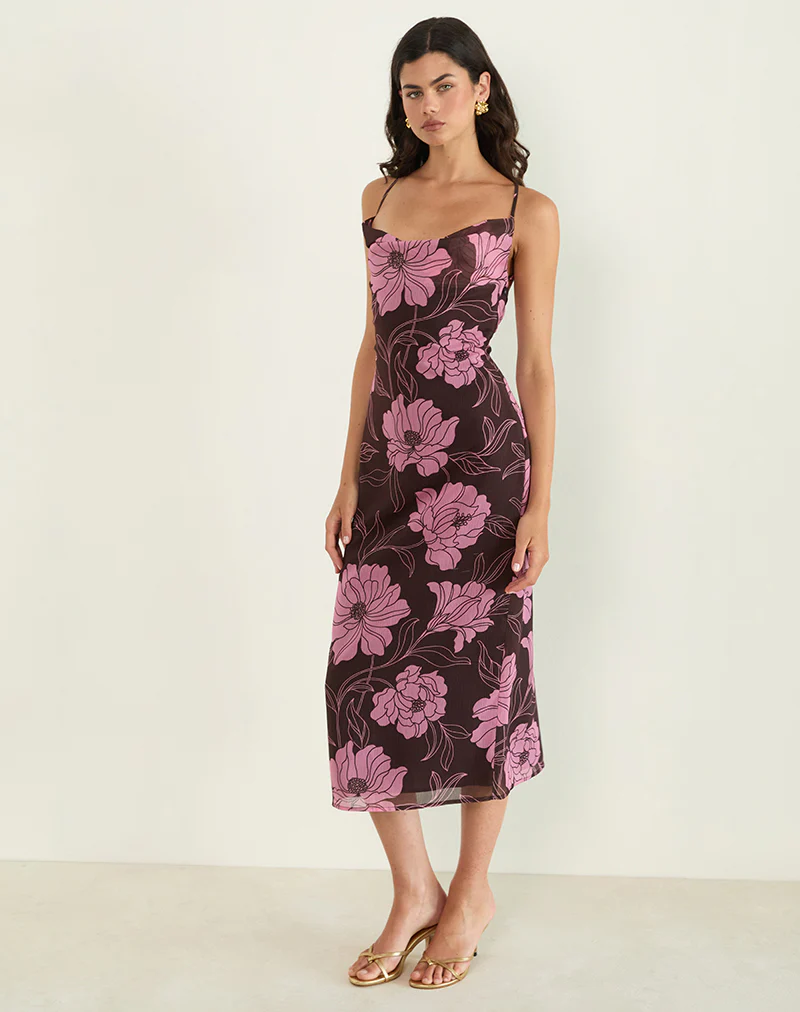 Rujira Cowl Midi Dress in Flare Floral Pink Brown - Image 5
