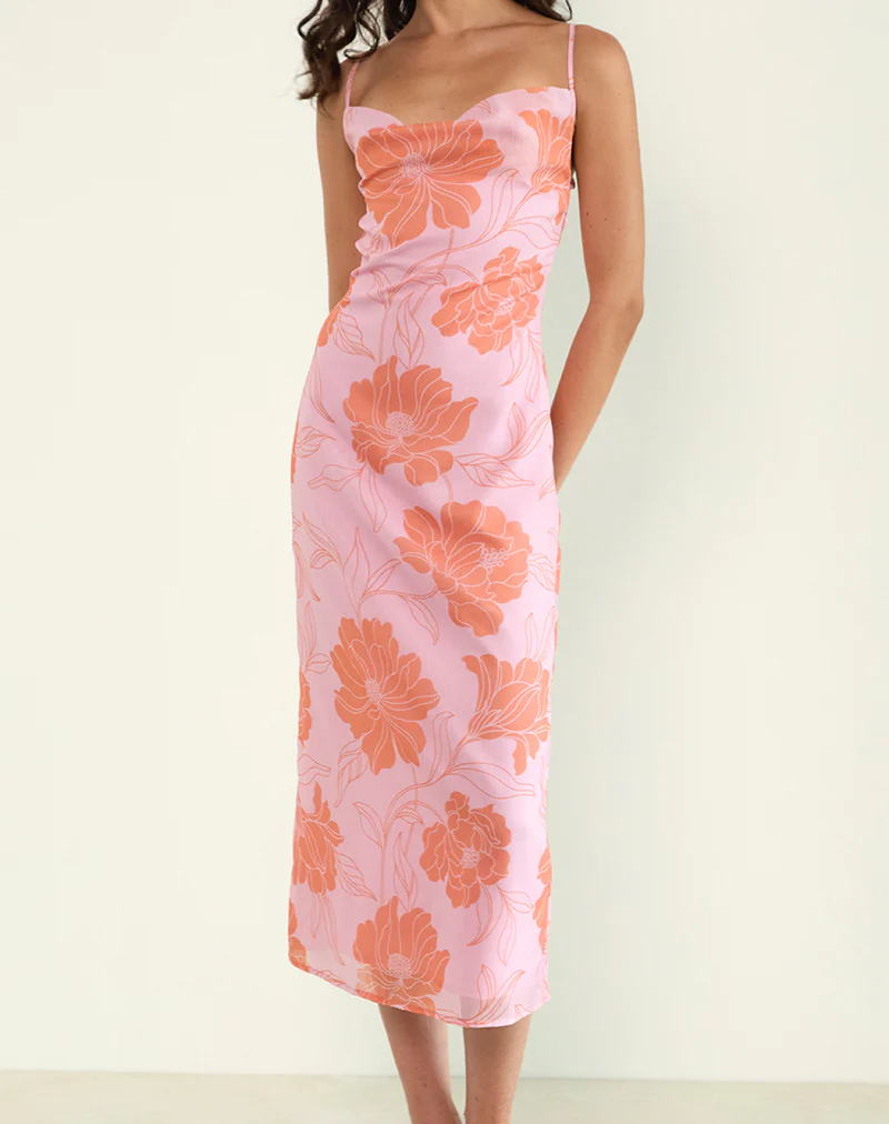 Rujira Cowl Midi Dress in Floral Pink Orange - Image 3