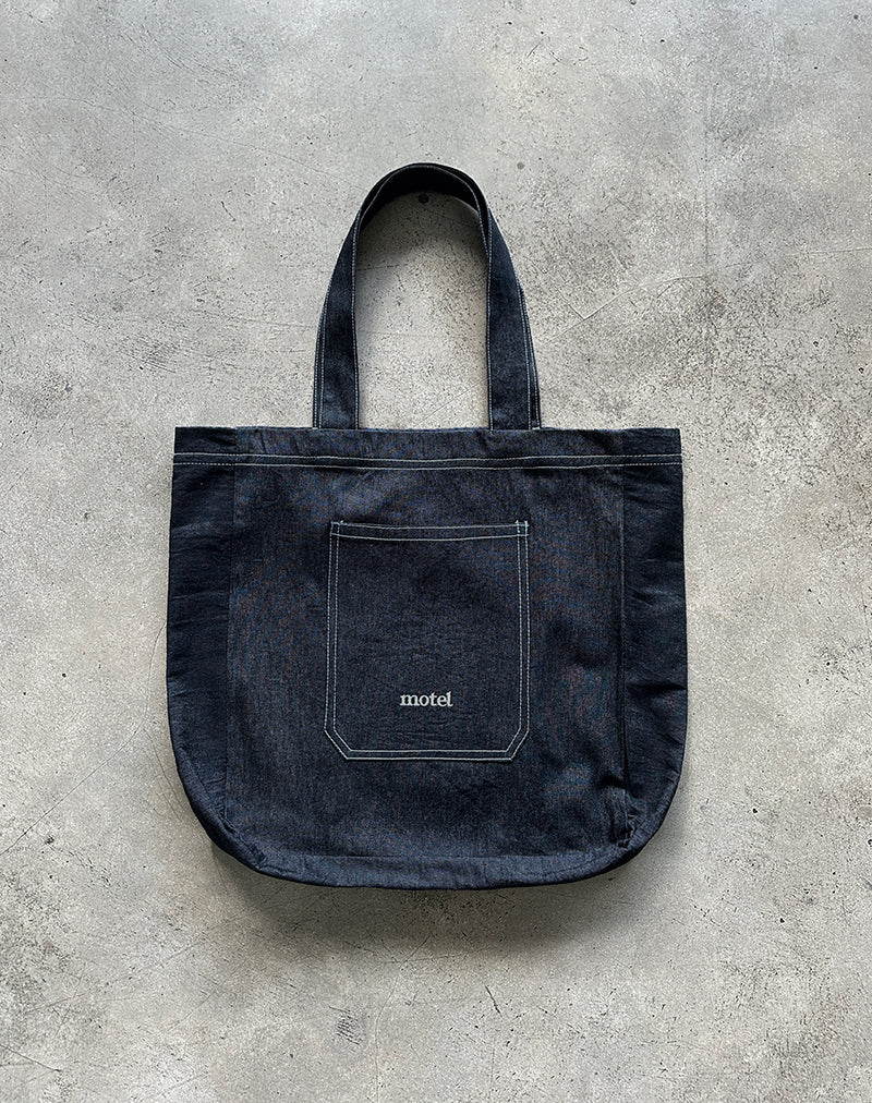 Ruka Tote Bag in Denim Indigo with White Motel Embroidery - Image 3