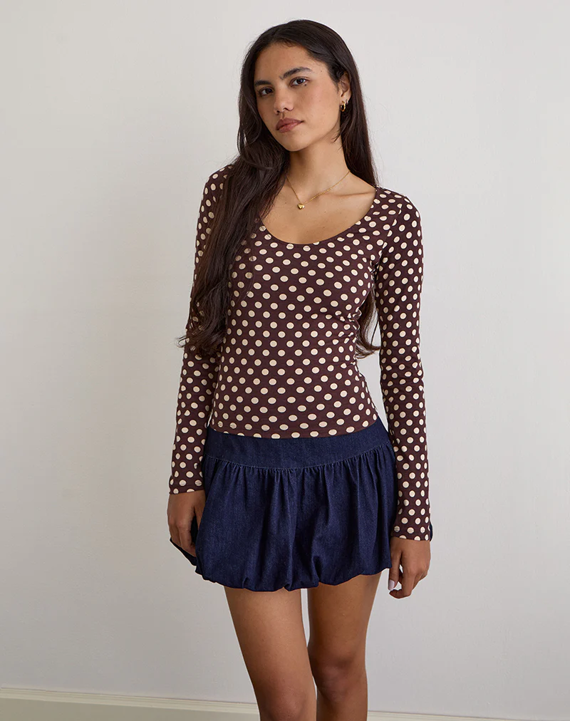 Rumini Long Sleeve Top in Brown with Small Polka Cream - Image 3