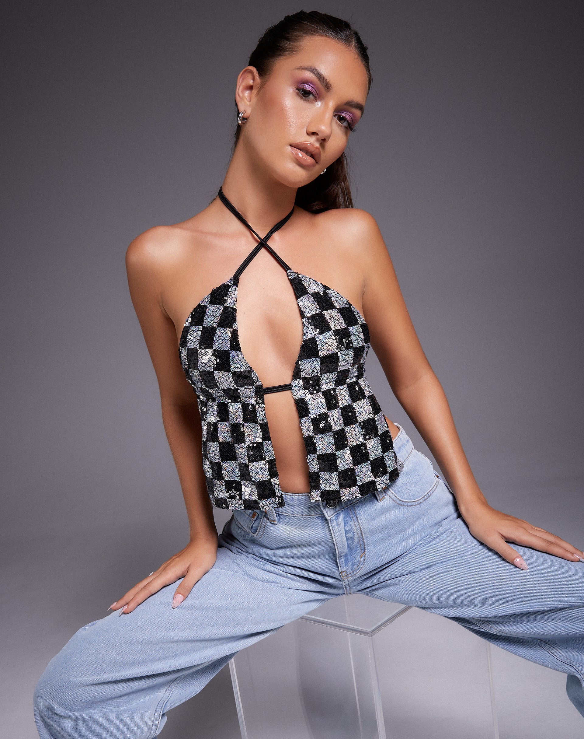 Runita Halter Top in Checkerboard Sequin Black and Silver - Image 2