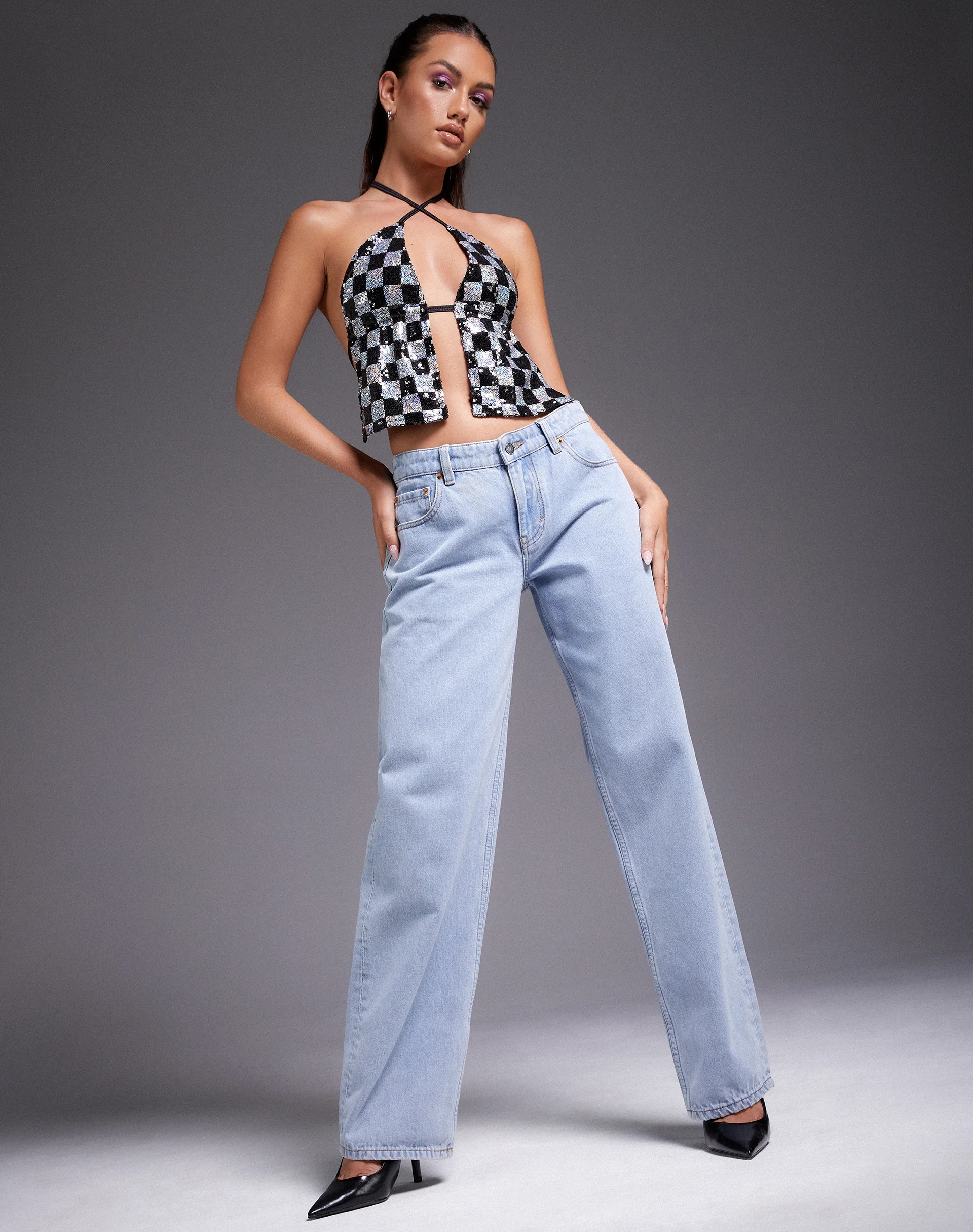 Runita Halter Top in Checkerboard Sequin Black and Silver - Image 3