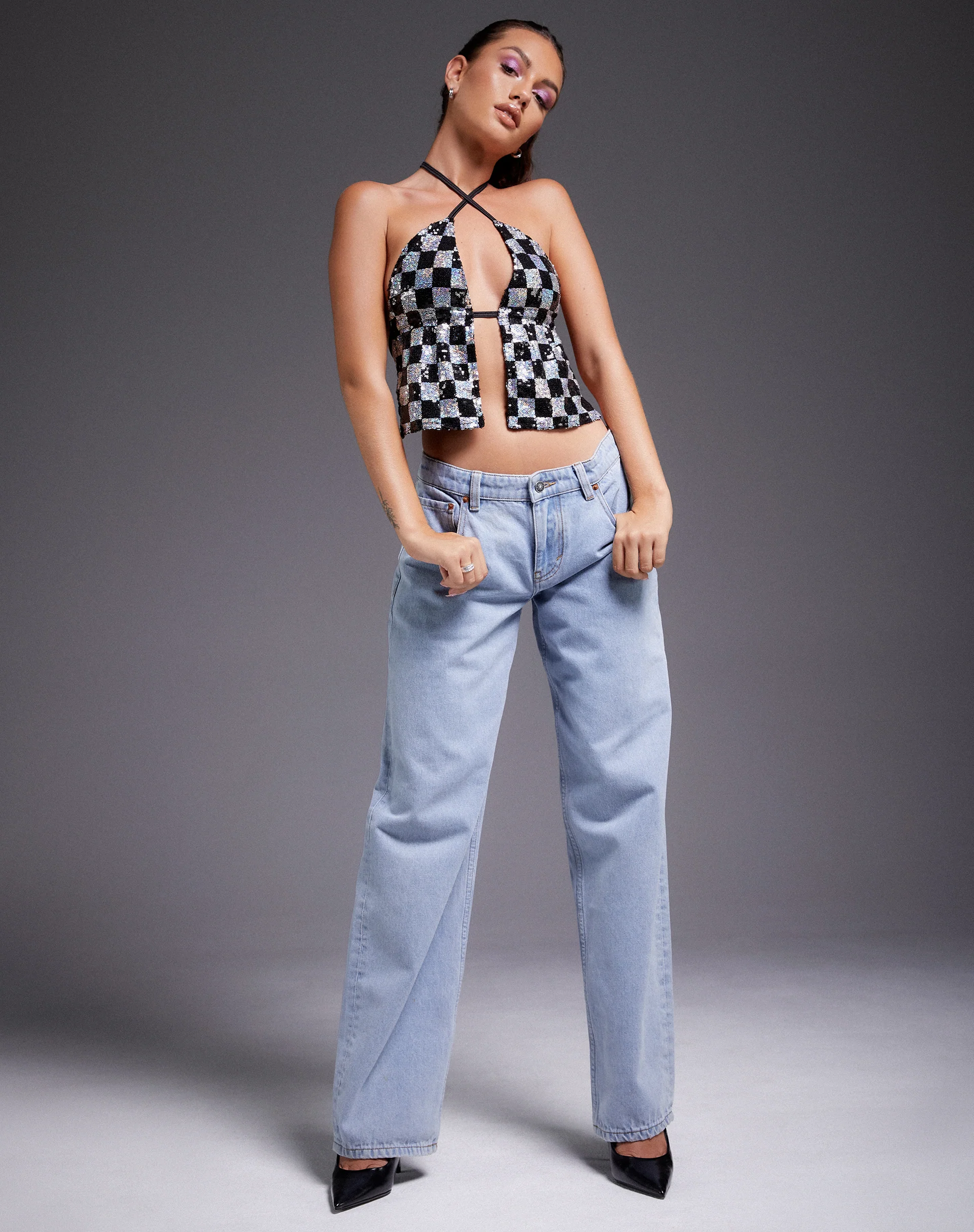 Runita Halter Top in Checkerboard Sequin Black and Silver - Image 6