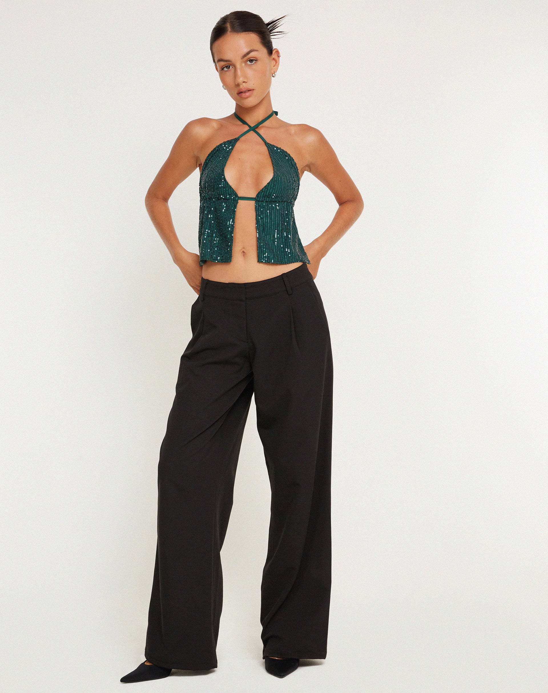 Runita Halter Top in Drape Sequin Forest Green - Image 3