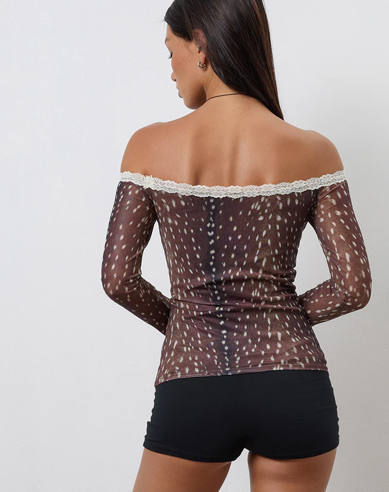 Rusaka Bardot Top in Mesh Deer Print Brown - Image 5