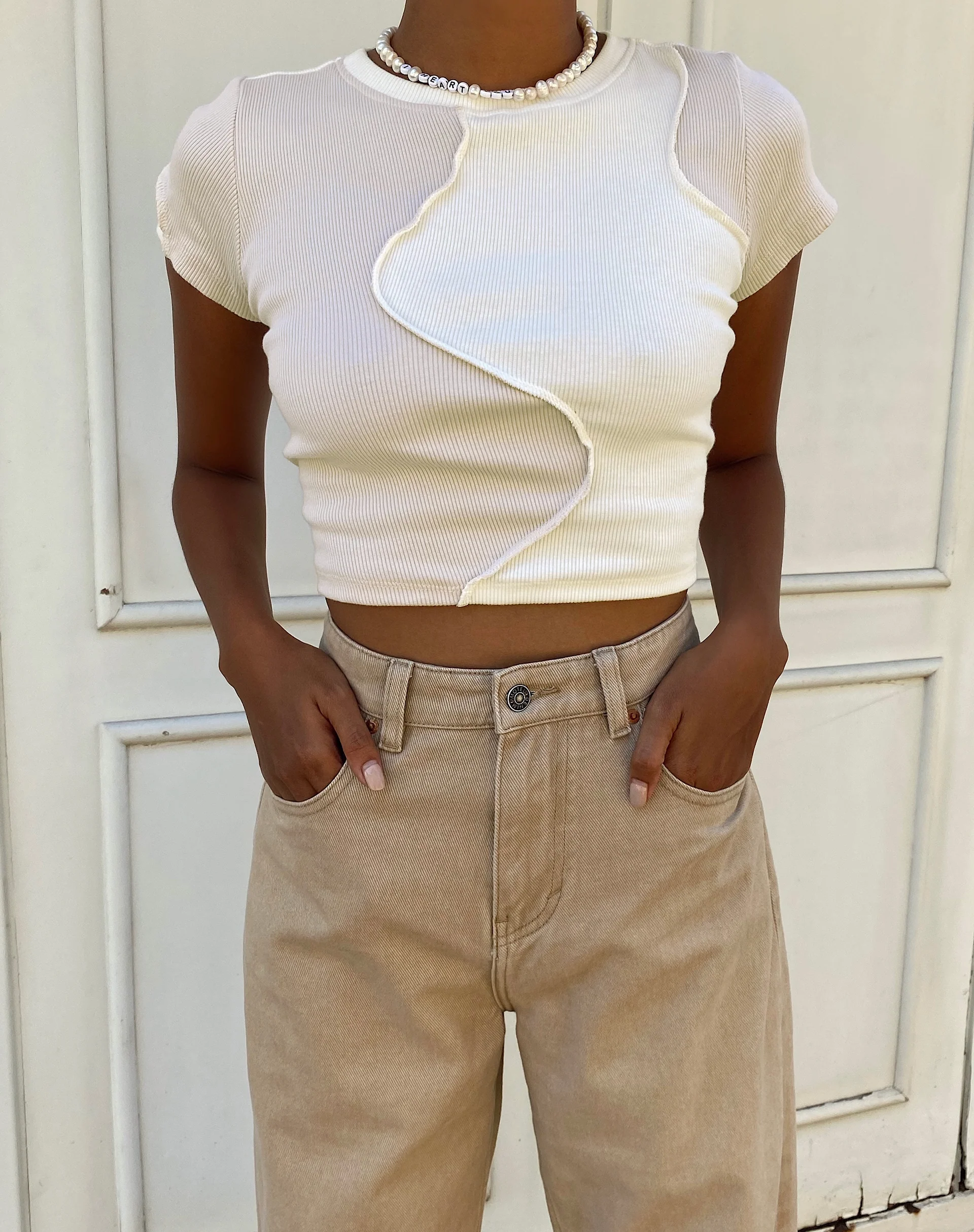 Ruta Crop Top in Panelled Ivory and Winter White - Image 3