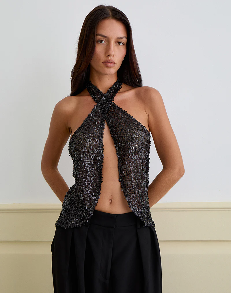Ruway Unlined Scarf Top in Sequin Black - Image 3