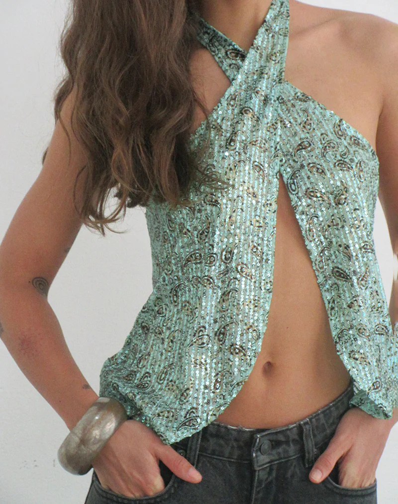 Ruwiko Halterneck Top in Paisley Sequin Teal - Image 3