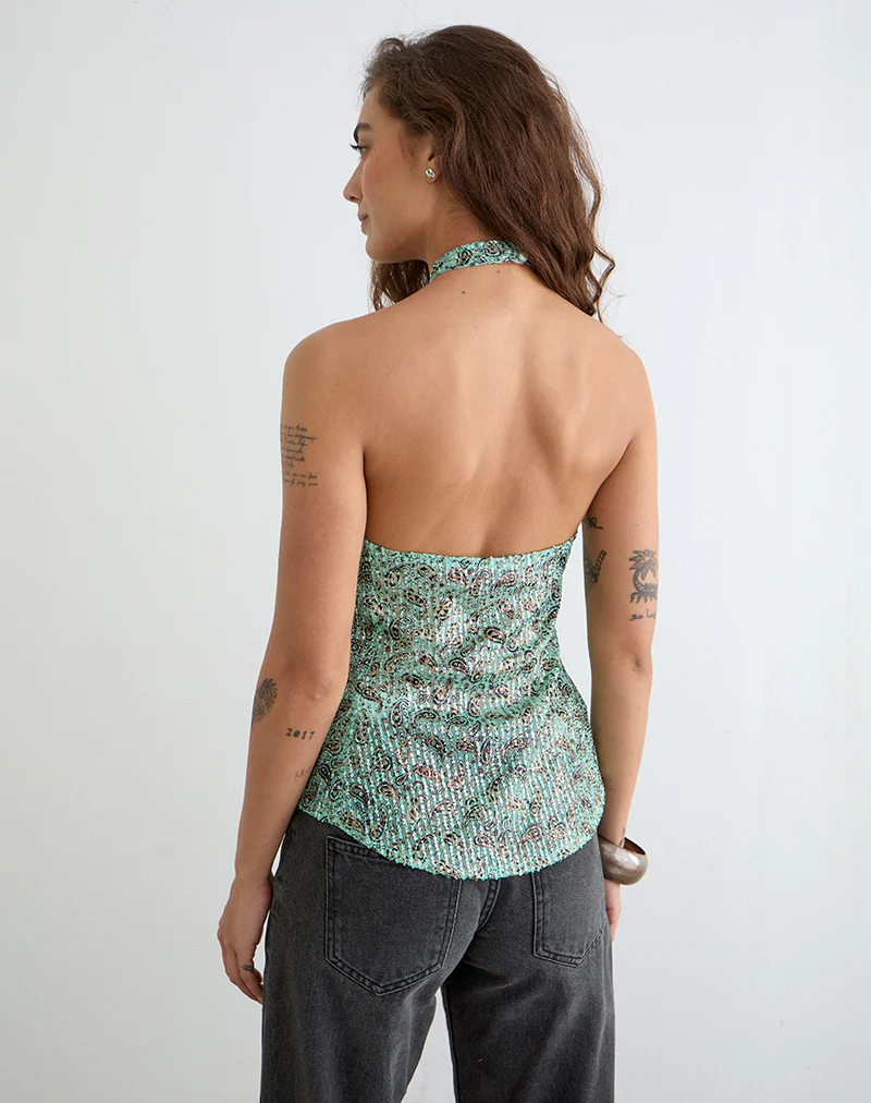 Ruwiko Halterneck Top in Paisley Sequin Teal - Image 5
