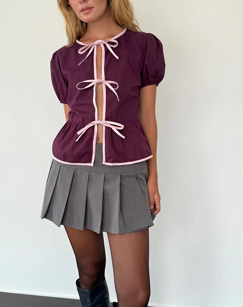 Ryota Tie Front Blouse in Oxblood with Pink Lady Binding - Image 4