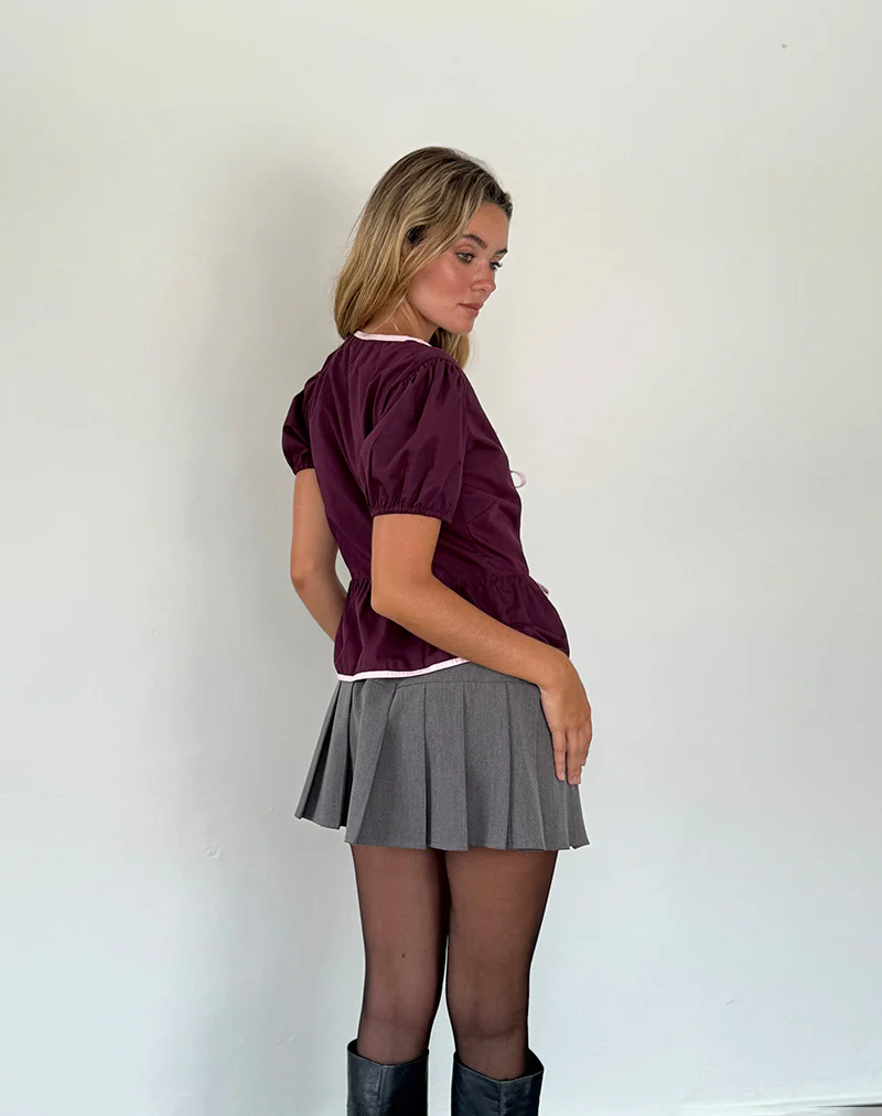 Ryota Tie Front Blouse in Oxblood with Pink Lady Binding - Image 5
