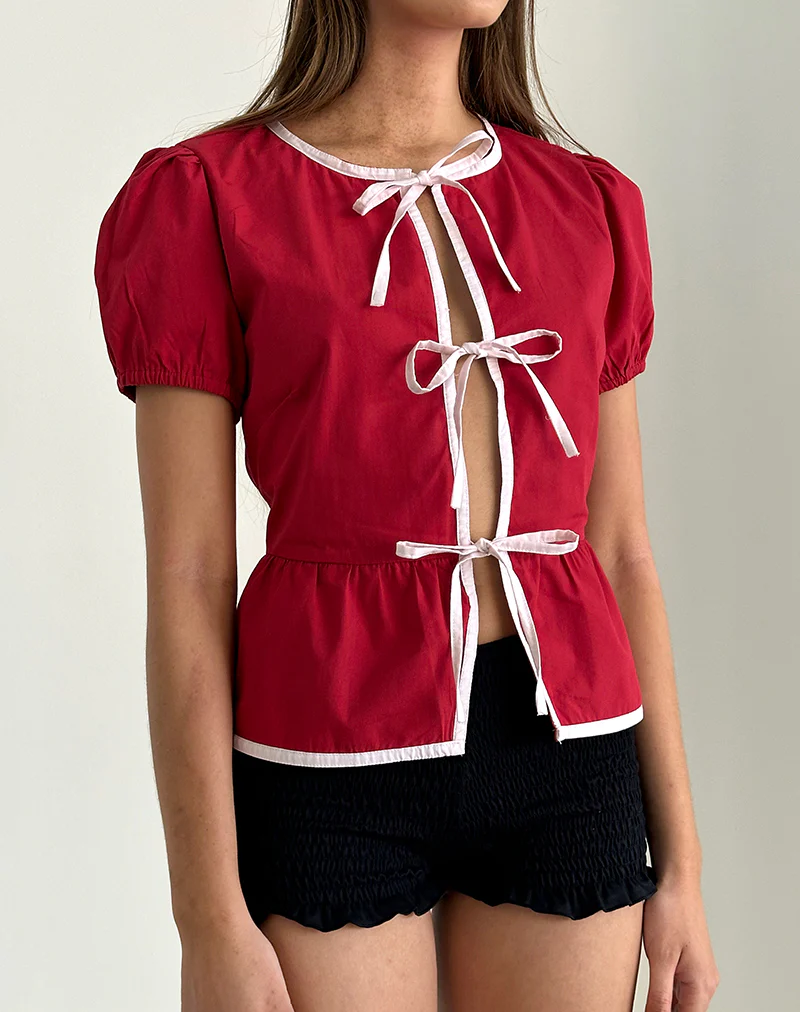 Ryota Tie Front Blouse in Adrenaline Red with Pink Binding - Image 3