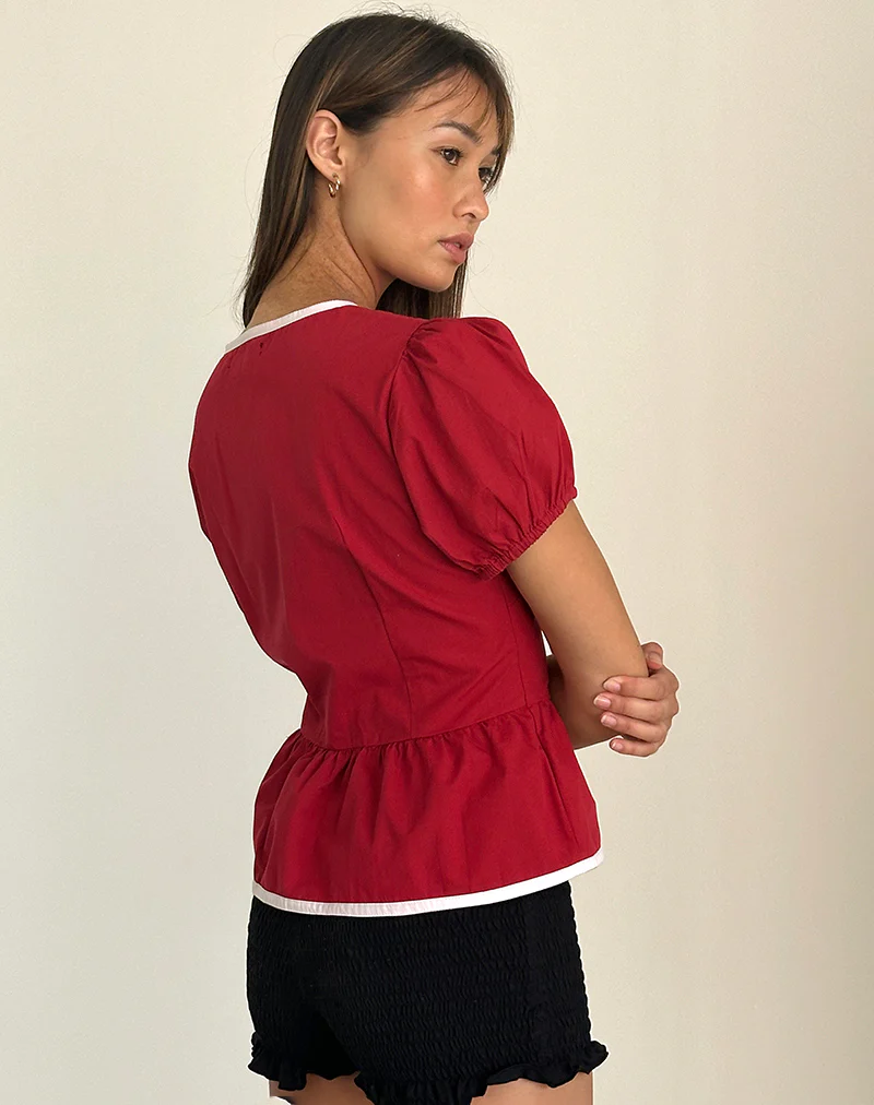Ryota Tie Front Blouse in Adrenaline Red with Pink Binding - Image 5