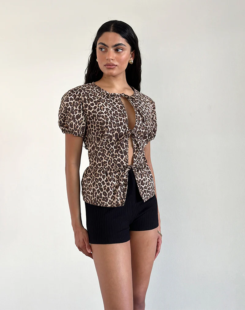 Ryota Tie Front Blouse in Leopard Sandstorm - Image 2