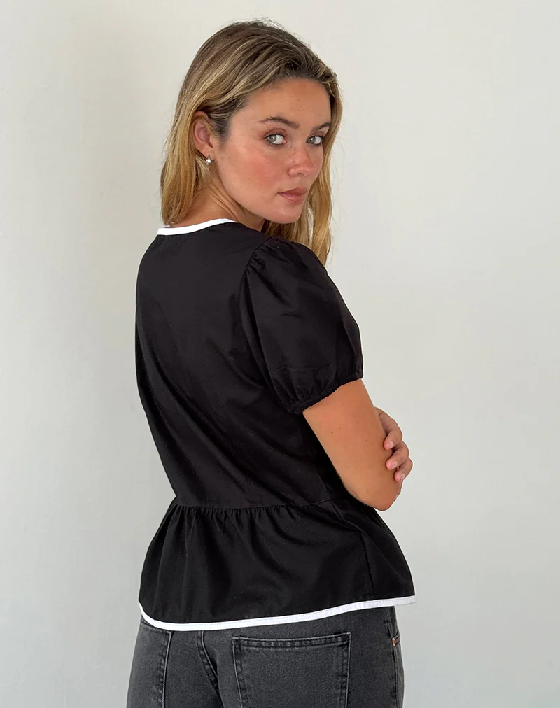 Ryota Tie Front Blouse in Black with White Binding - Image 4