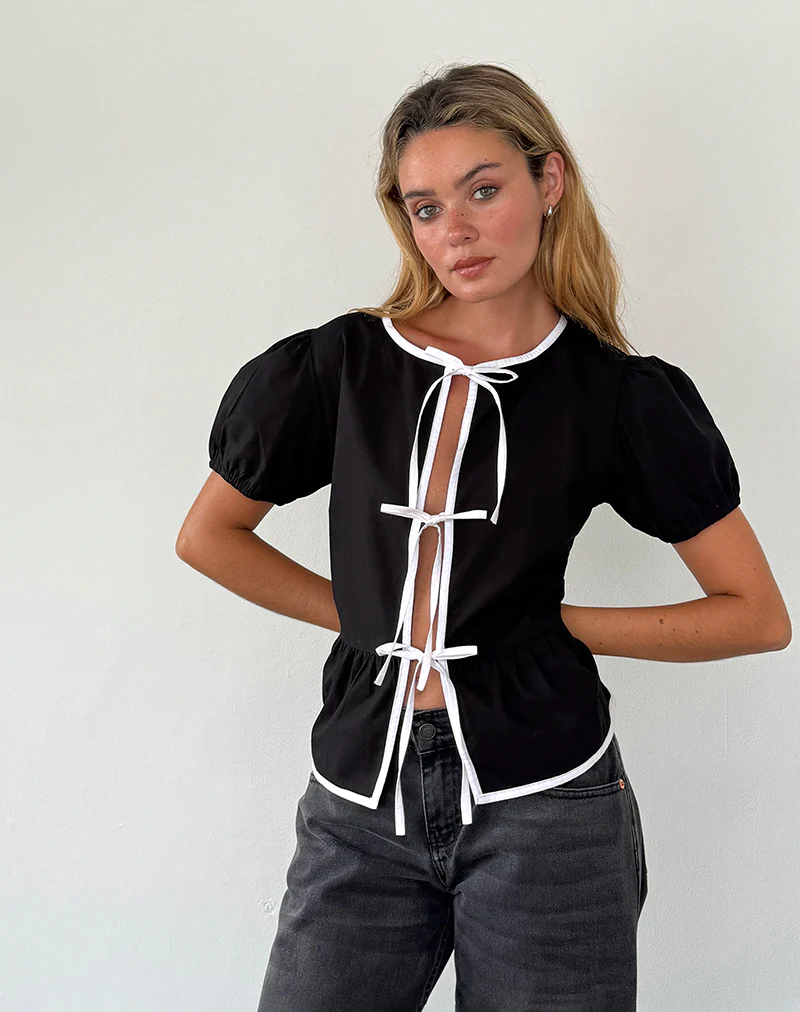 Ryota Tie Front Blouse in Black with White Binding - Image 5