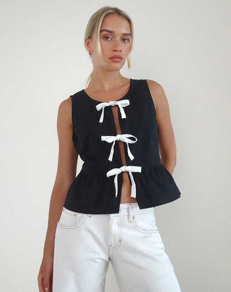 Ryoti Top in Tap shoe Black with Off White Bows - Image 4
