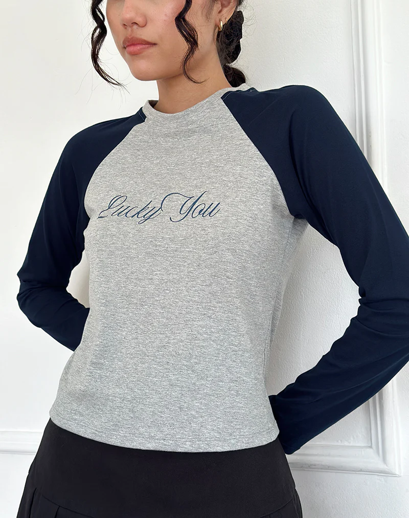 Sabani Top in Grey Marl Navy with Lucky You Print - Image 2