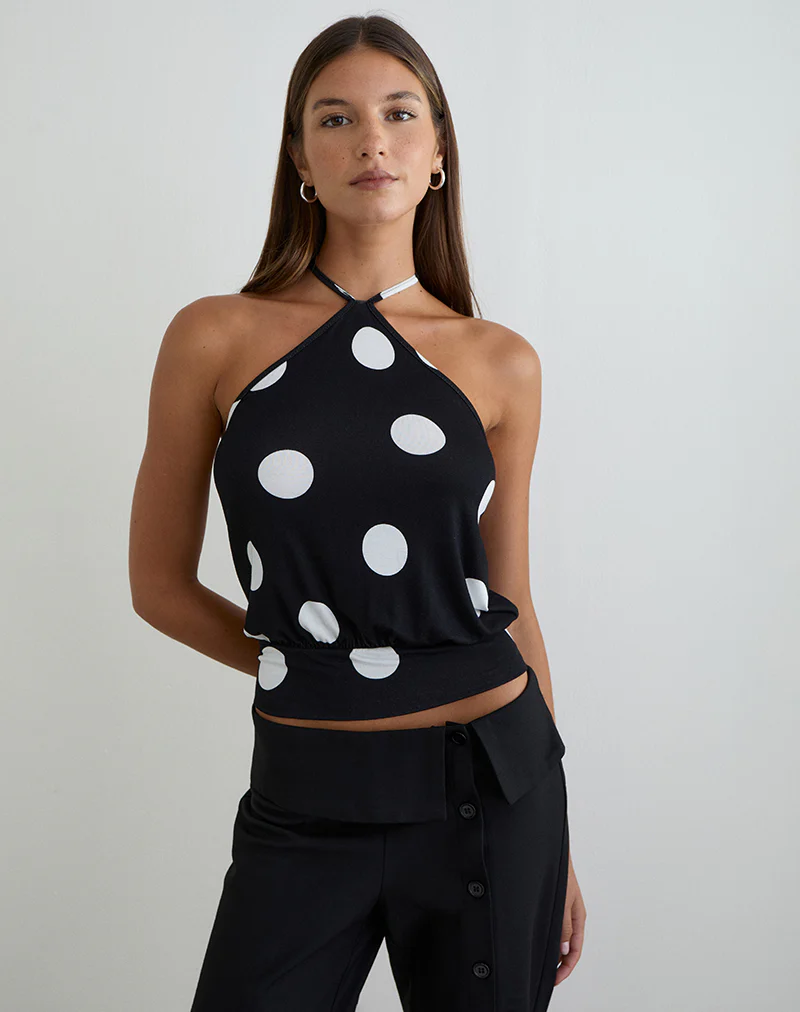Saerin Halter Top in Monochrome Black with White Polka Print - Image 2