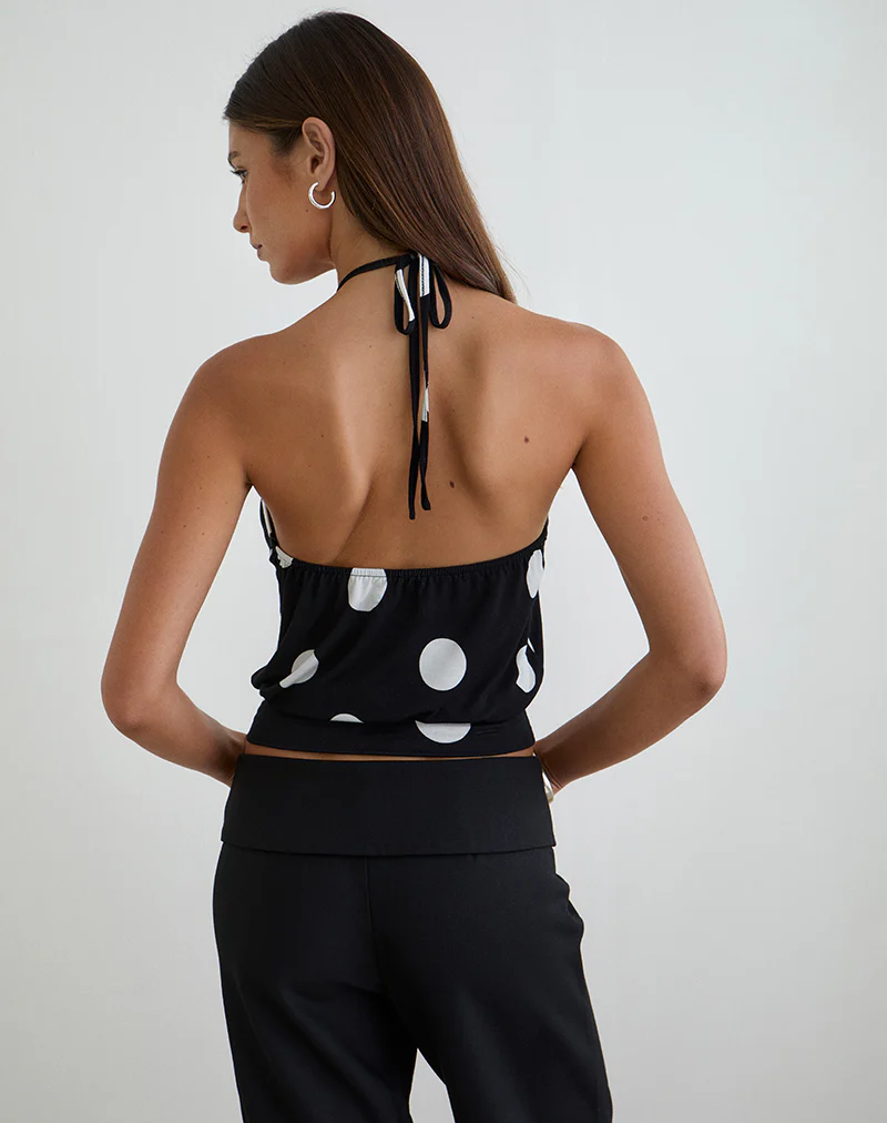 Saerin Halter Top in Monochrome Black with White Polka Print - Image 3