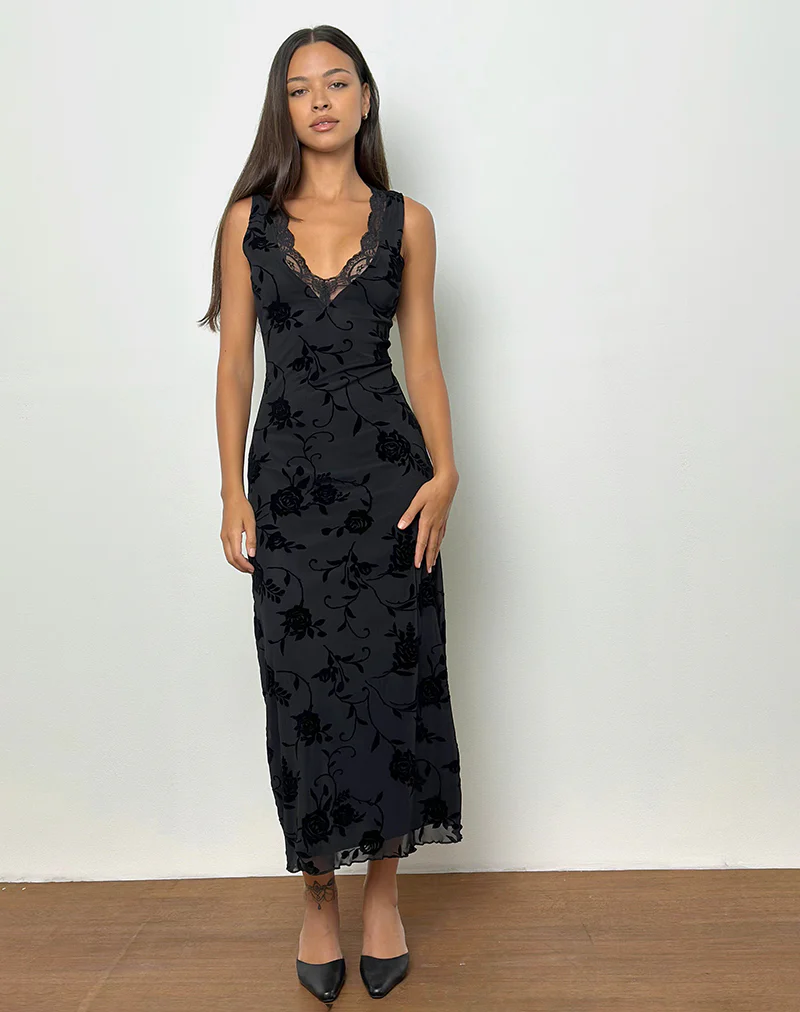 Saga Midi Dress in Rose Flock Black - Image 3