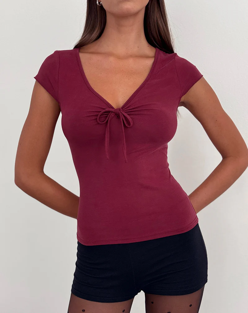 Saiba Cap Sleeve Top in Cupro Dark Red - Image 3