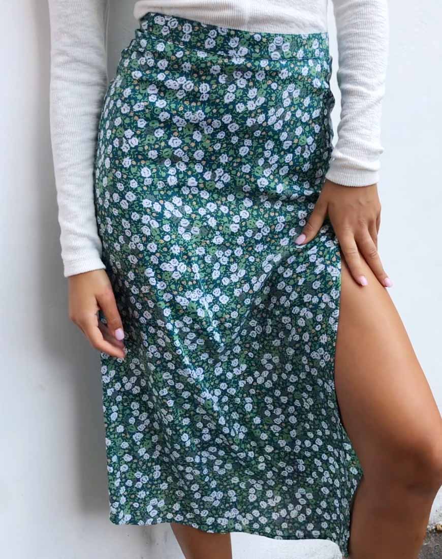 Saika Midi Skirt in Floral Field Green - Image 2