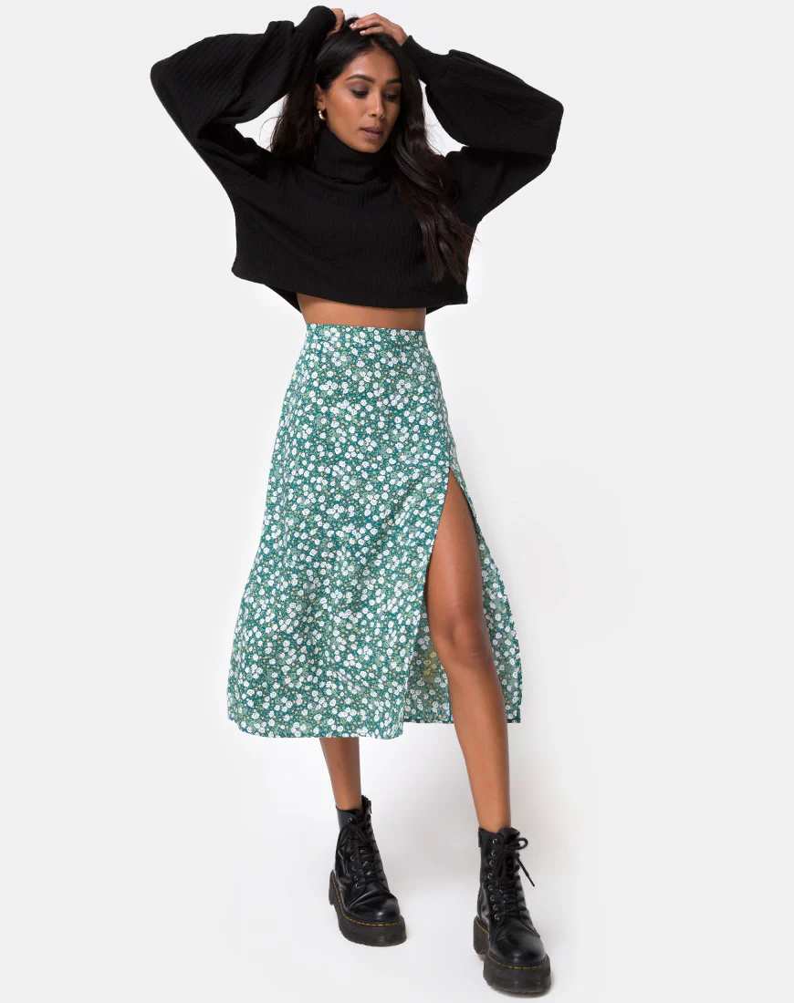 Saika Midi Skirt in Floral Field Green - Image 4