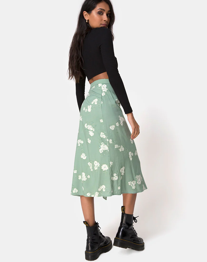 Saika Midi Skirt in Mono Flower Green - Image 2
