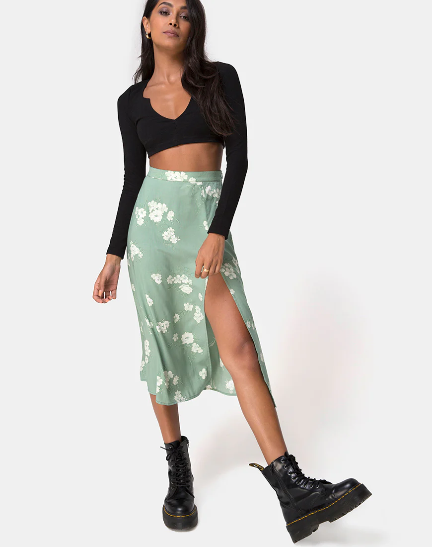 Saika Midi Skirt in Mono Flower Green - Image 3