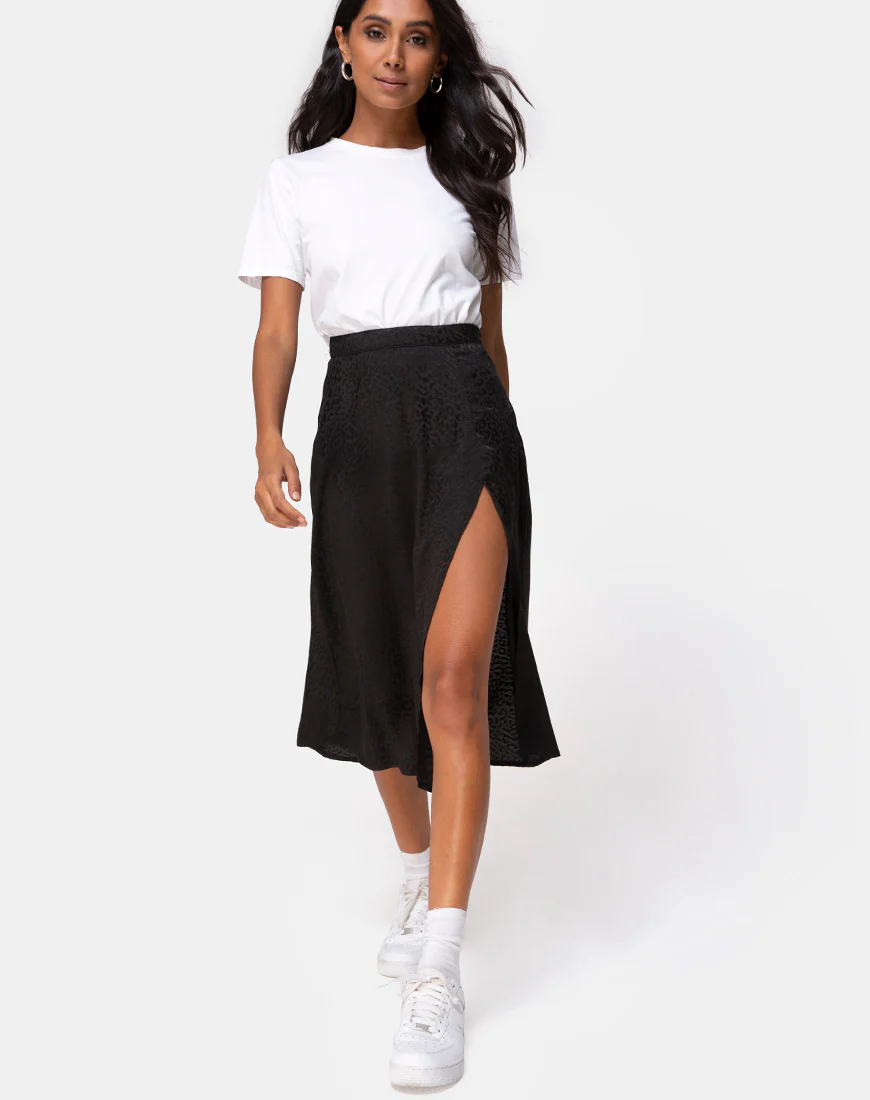 Saika Midi Skirt in Satin Cheetah Black - Image 3