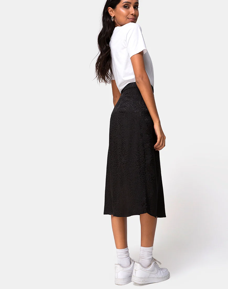 Saika Midi Skirt in Satin Cheetah Black - Image 4