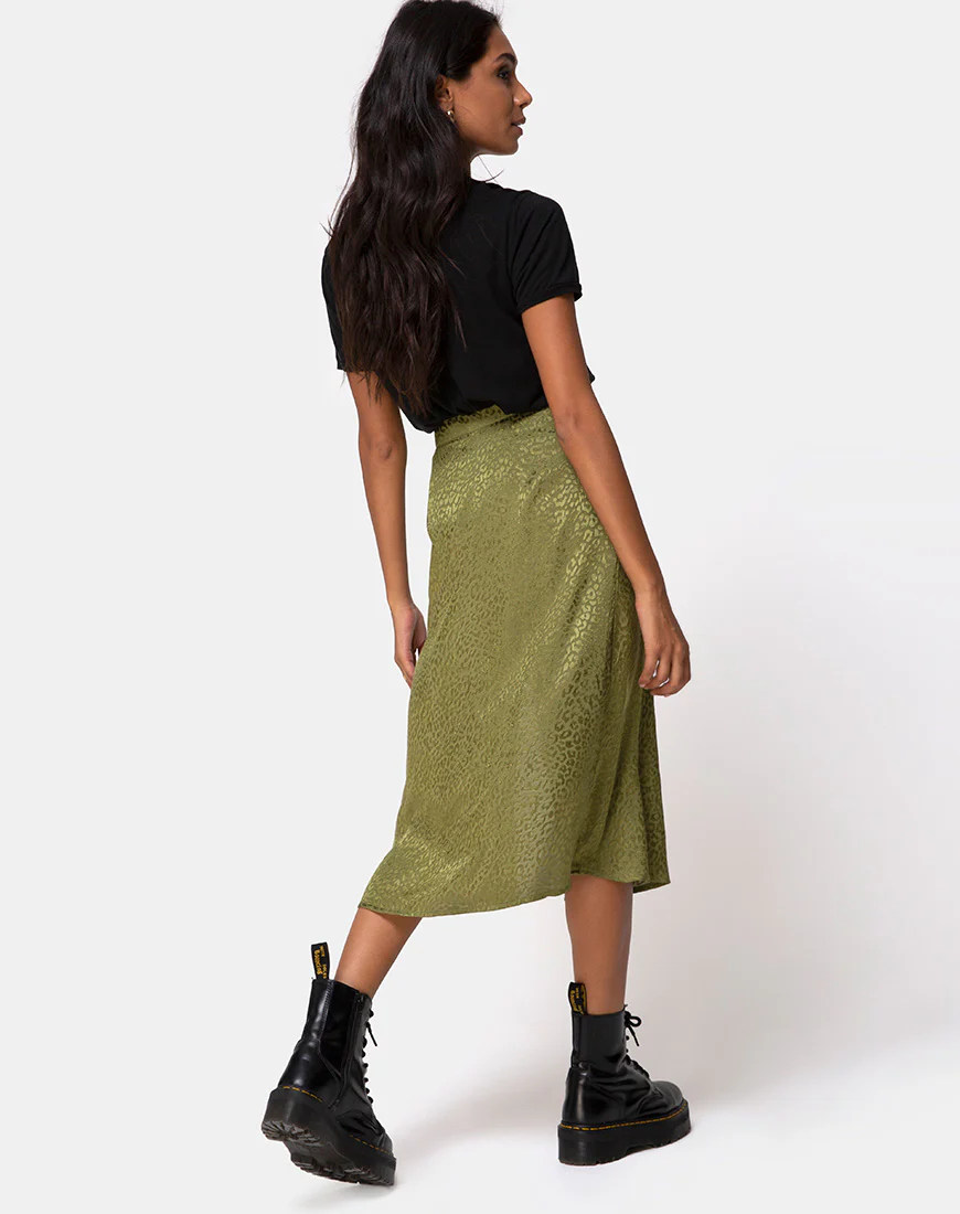 Saika Midi Skirt in Satin Cheetah Khaki - Image 2