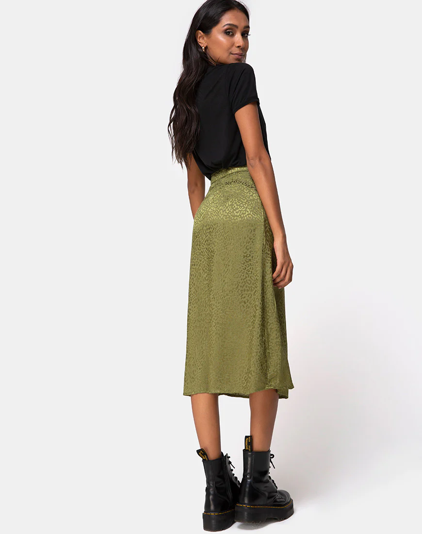 Saika Midi Skirt in Satin Cheetah Khaki - Image 4
