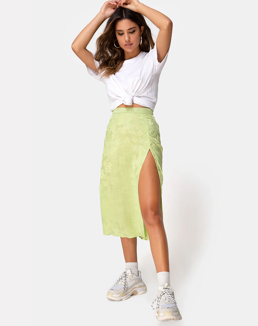 Saika Midi Skirt in Satin Rose Lime - Image 2