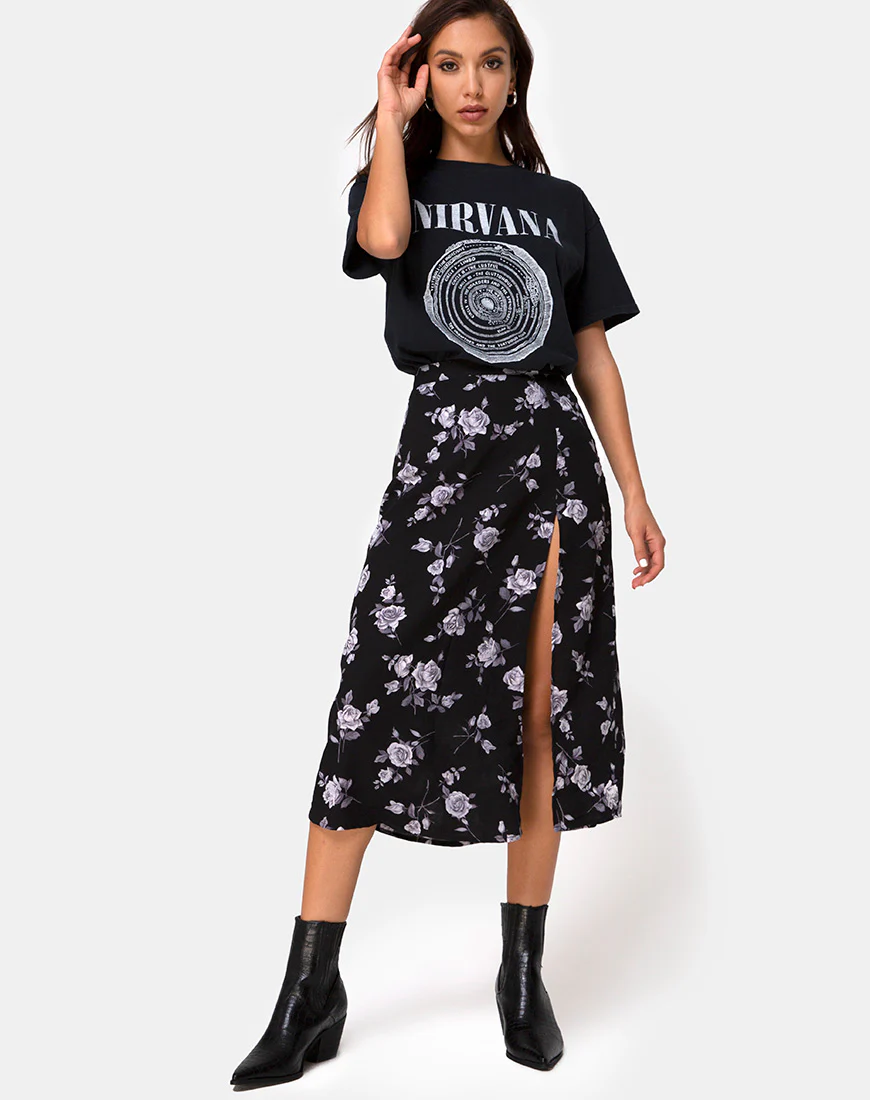Saika Midi Skirt in White Rose Black - Image 4