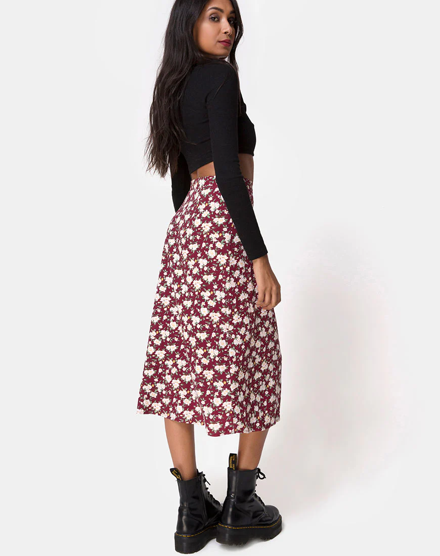 Saika Midi Skirt in Wild Fleur Maroon - Image 2